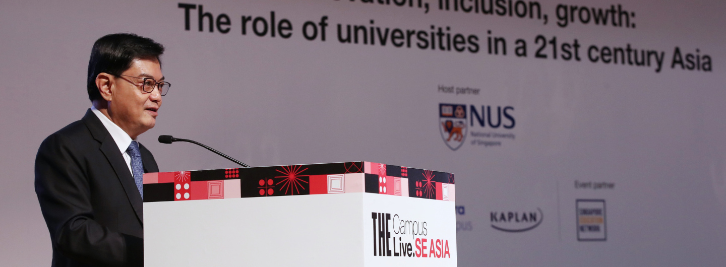 Speaker at podium with "The Campus Live.SE ASIA" logo, NUS and Kaplan logos visible.